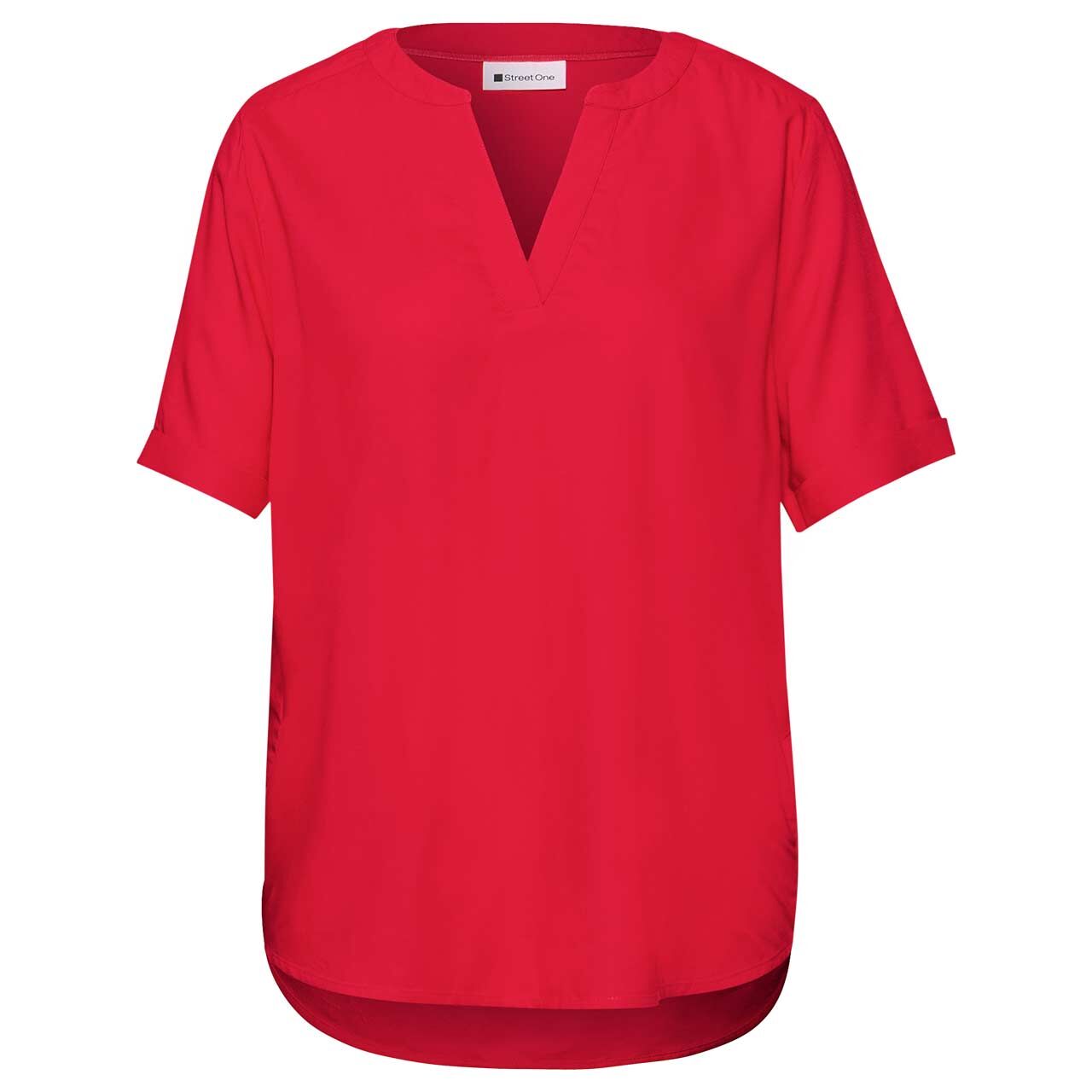Street One Damen Kurzarm Bluse Splitneck Turn-Up salsa red