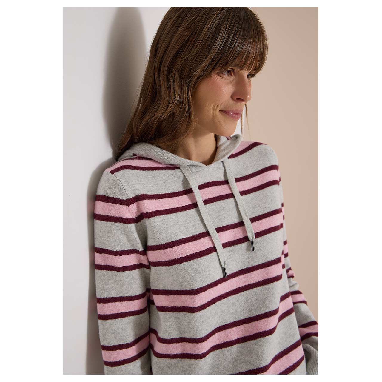 Cecil Damen Hoodie Pullover Cosy Striped light grey melange