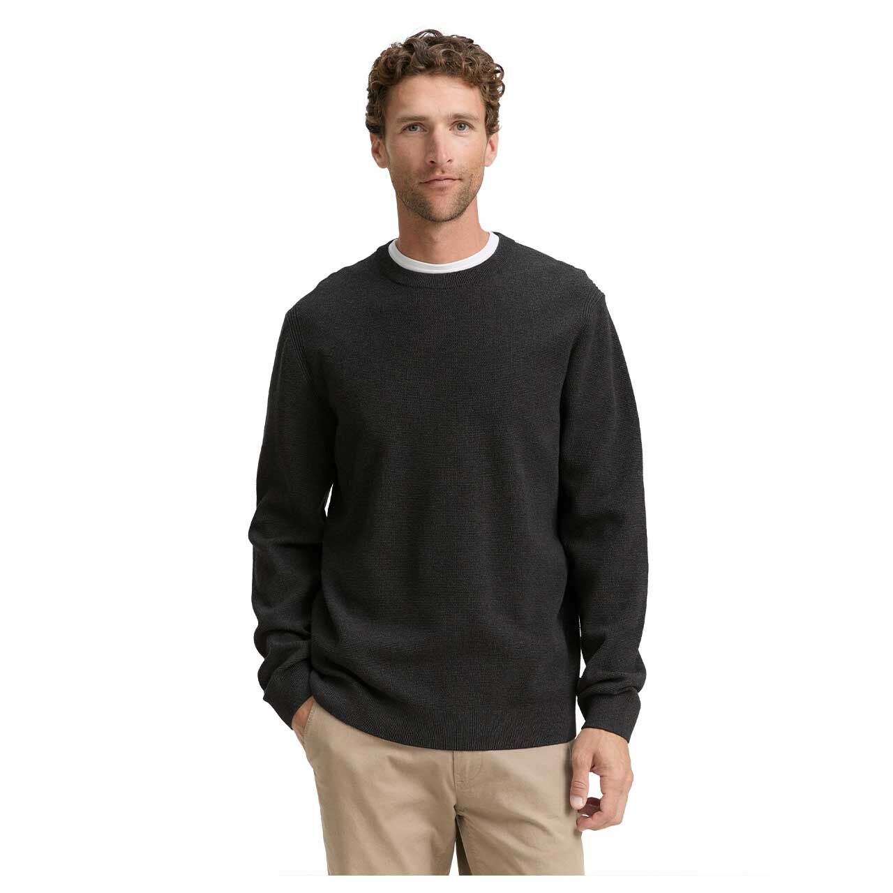Herren Pullover Structured Crewneck Knit von Tom Tailor in Dunkelgrau meliert, Vorderansicht am Model