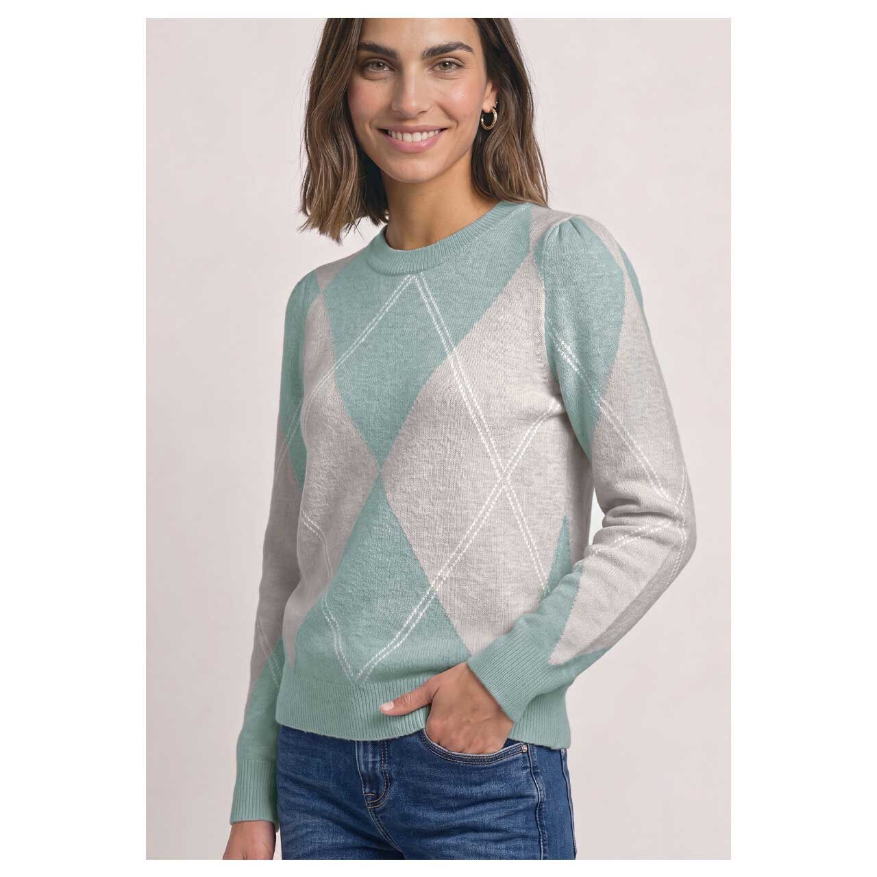 Damen Pullover Cosy Sweater Intarsia von Street One in Grün mit Print, Vorderansicht am Model