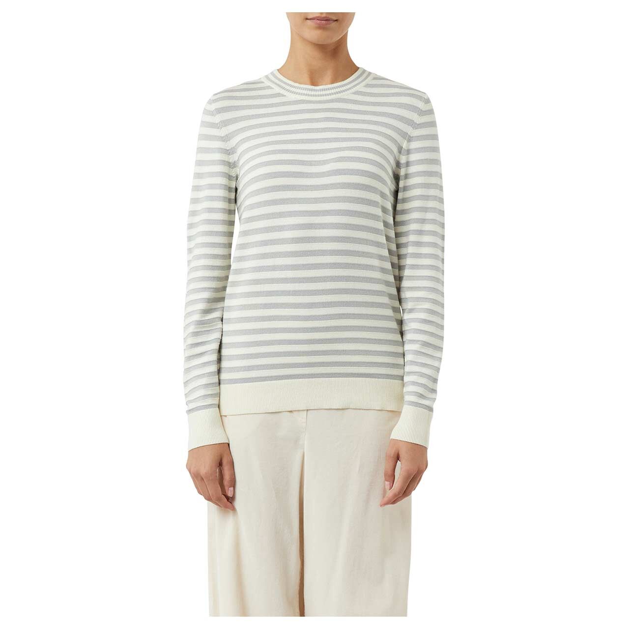 Damen Pullover von Comma in Grau gestreift, Vorderansicht am Model