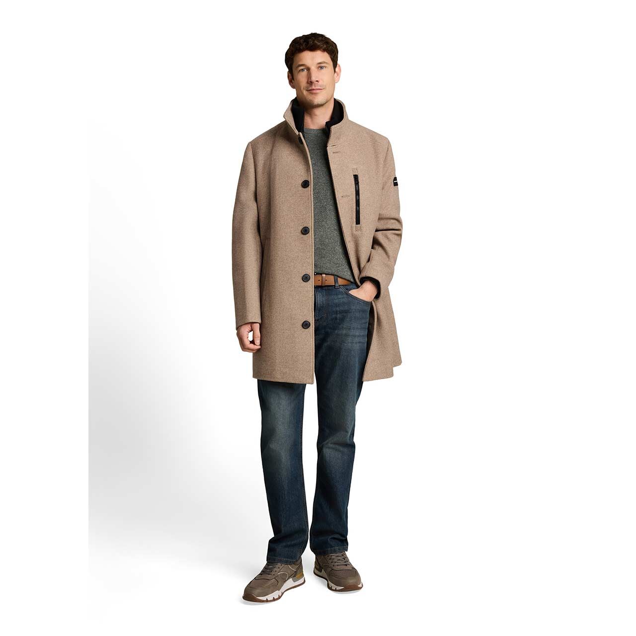 Herren Mantel Wool Coat 2 in 1 von Tom Tailor in Beige meliert, Ganzkörperansicht