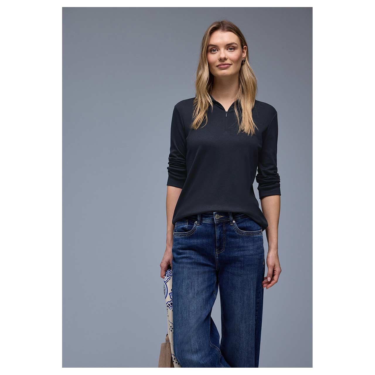 Street One Damen 3/4 Arm Poloshirt Basic Zipper shadowed navy