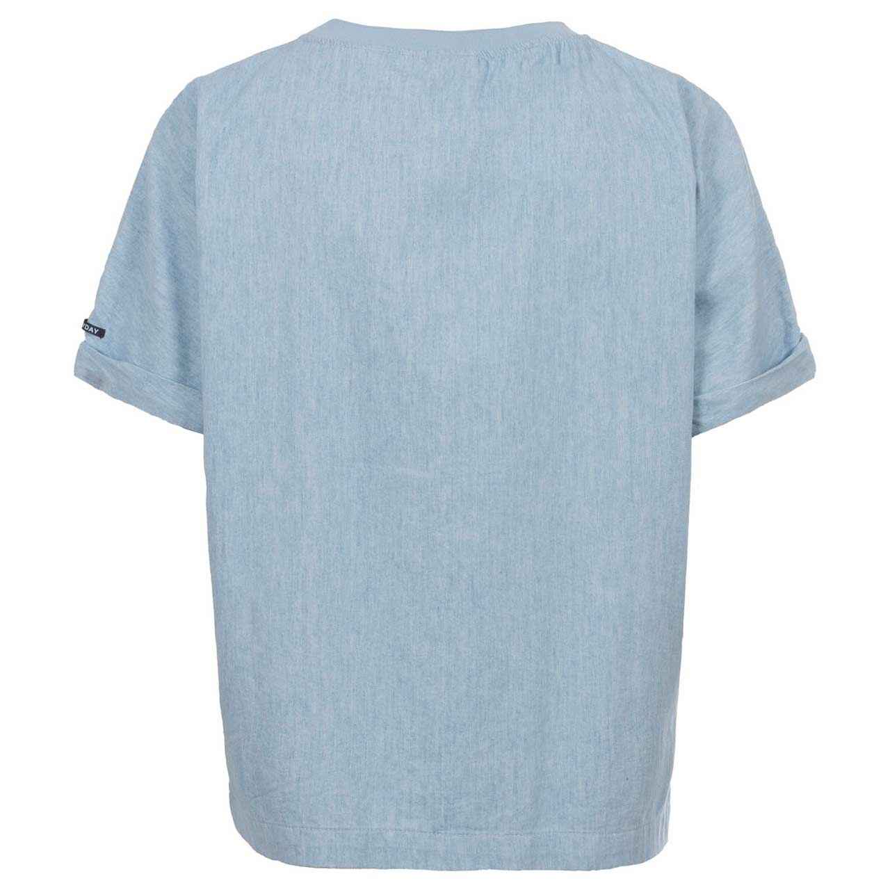 Damen Kurzarm Bluse von Soquesto in Blau mit Print, Rückansicht