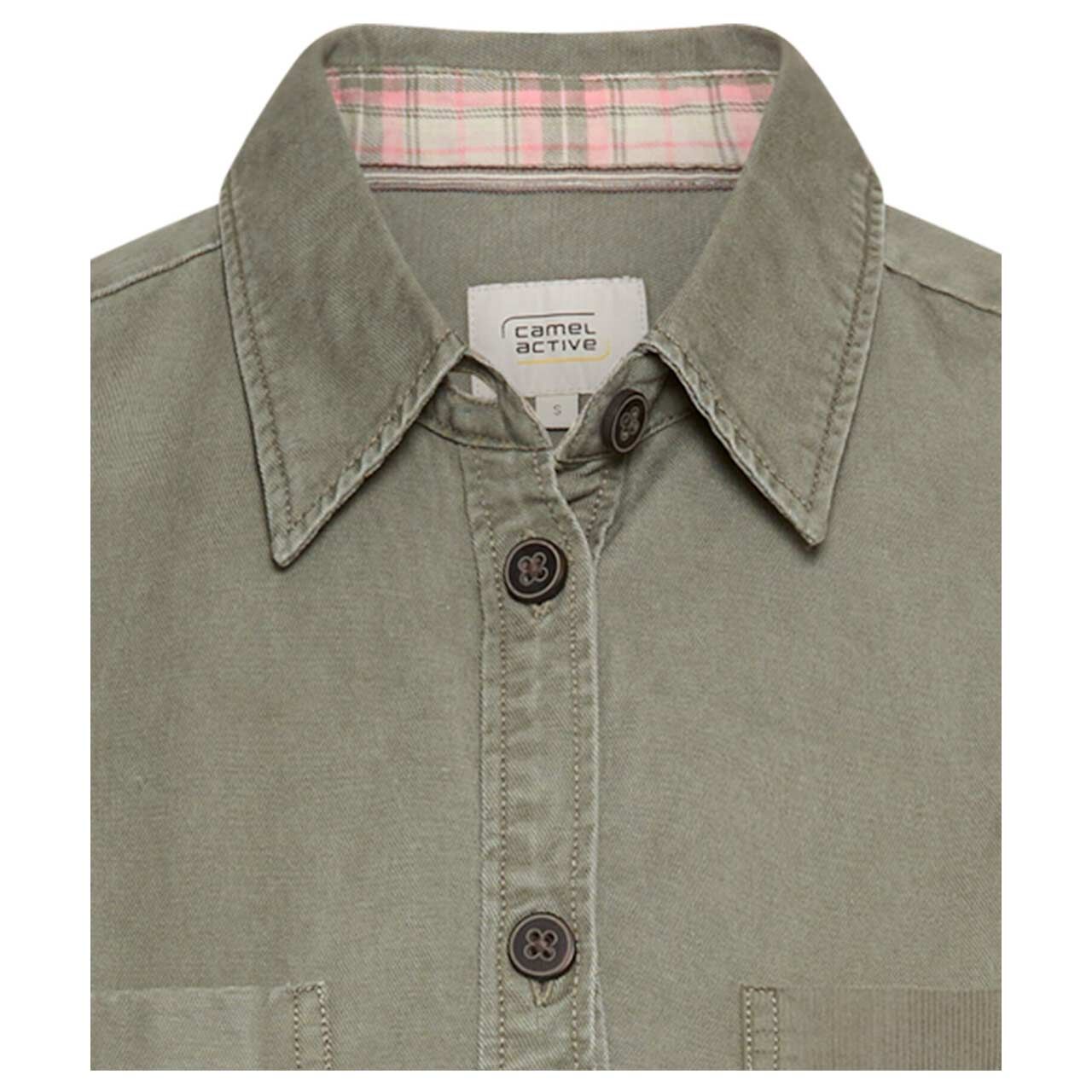 Damen Langarm Bluse von Camel active in Olivgrün, detaillierte Vorderansicht