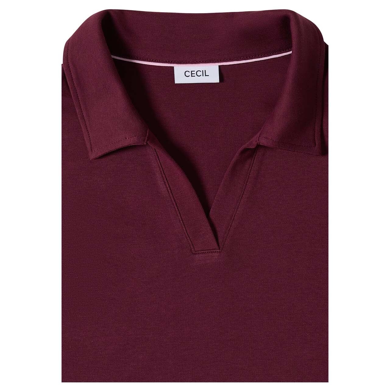 Damen Poloshirt Solid von Cecil in Weinrot, detaillierte Vorderansicht Kragen