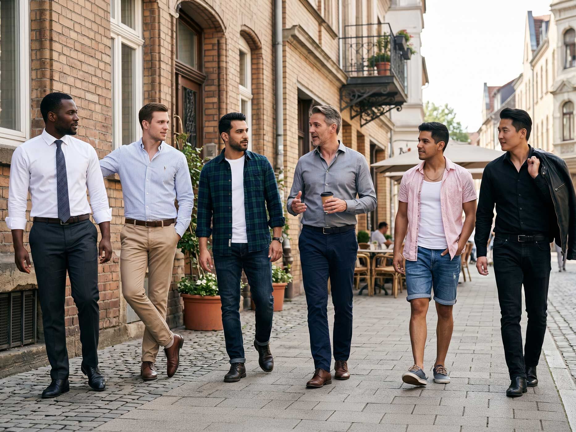 Mehrere Männer tragen unterschiedliche Hemden von Businesshemd bis Freizeithemd kombiniert mit Chinos, Jeans oder Shorts bei einem Spaziergang durch die Stadt.