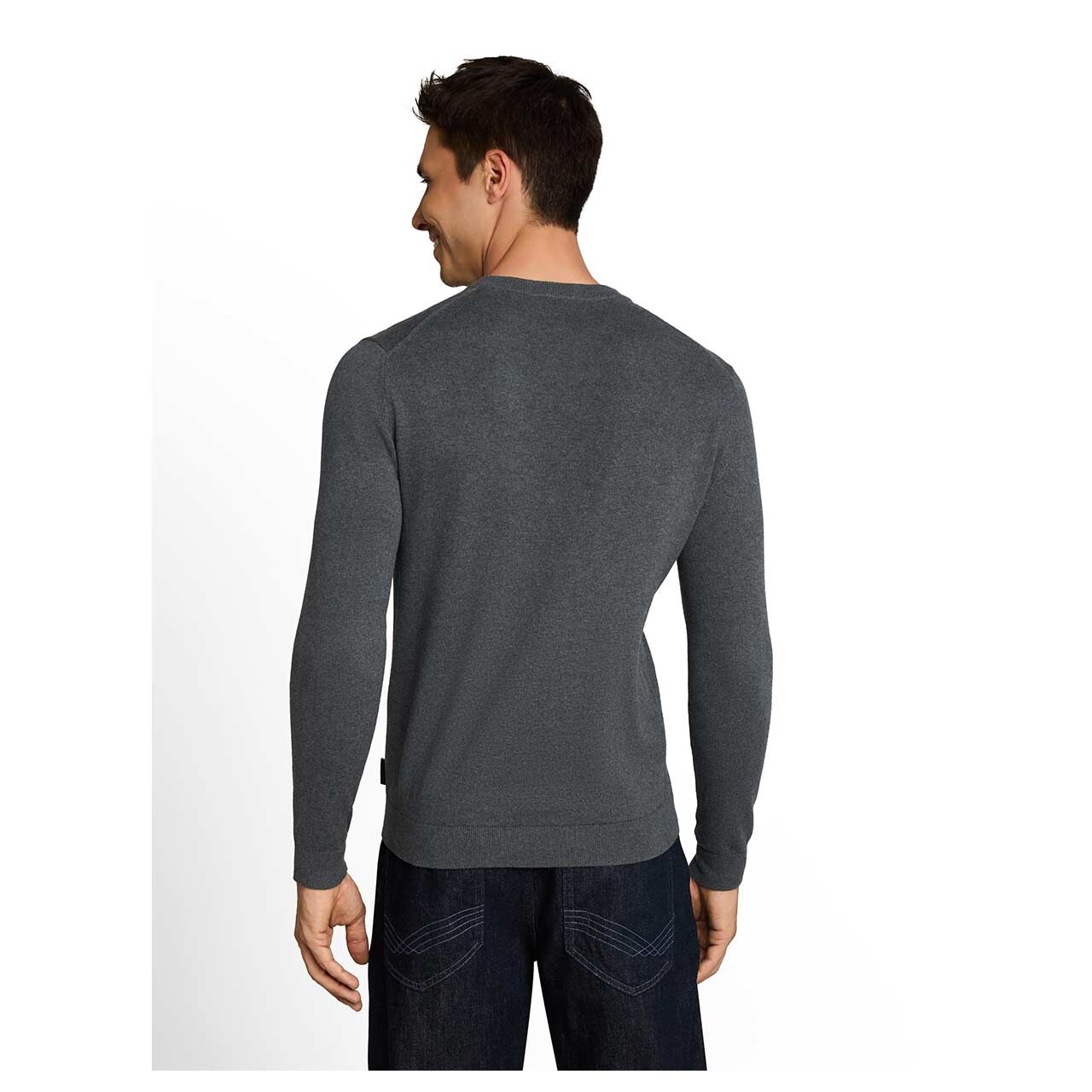 Herren Pullover Cashmere Crewneck Knit von Tom Tailor in Olivgrün meliert, Rückansicht am Model