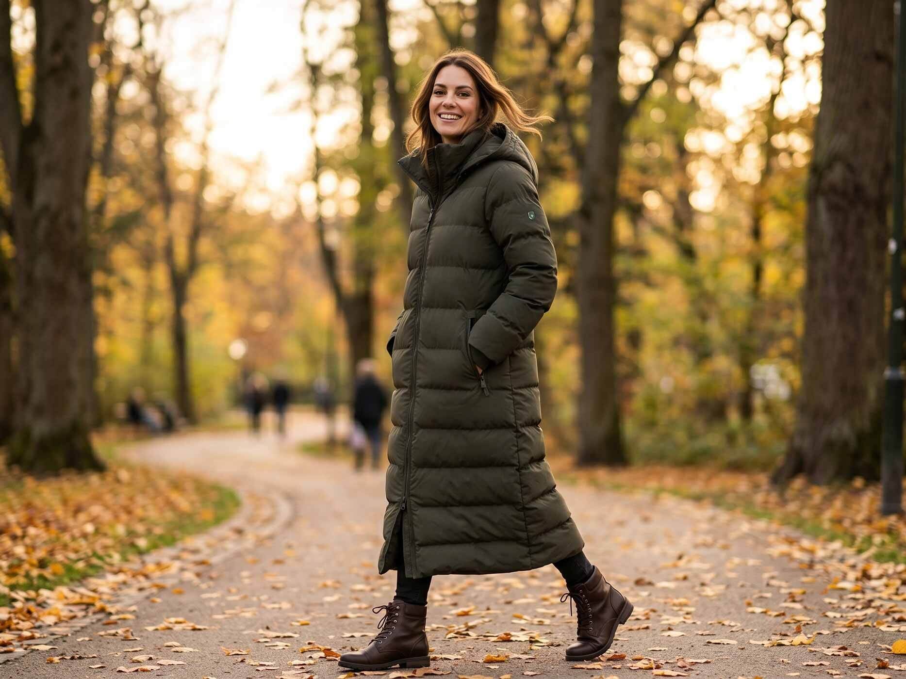 Eine Frau steht auf einem weg im Park. Sie tr&auml;gt eine lange dunkelgr&uuml;ne Winterjacke und braune Stiefel.
