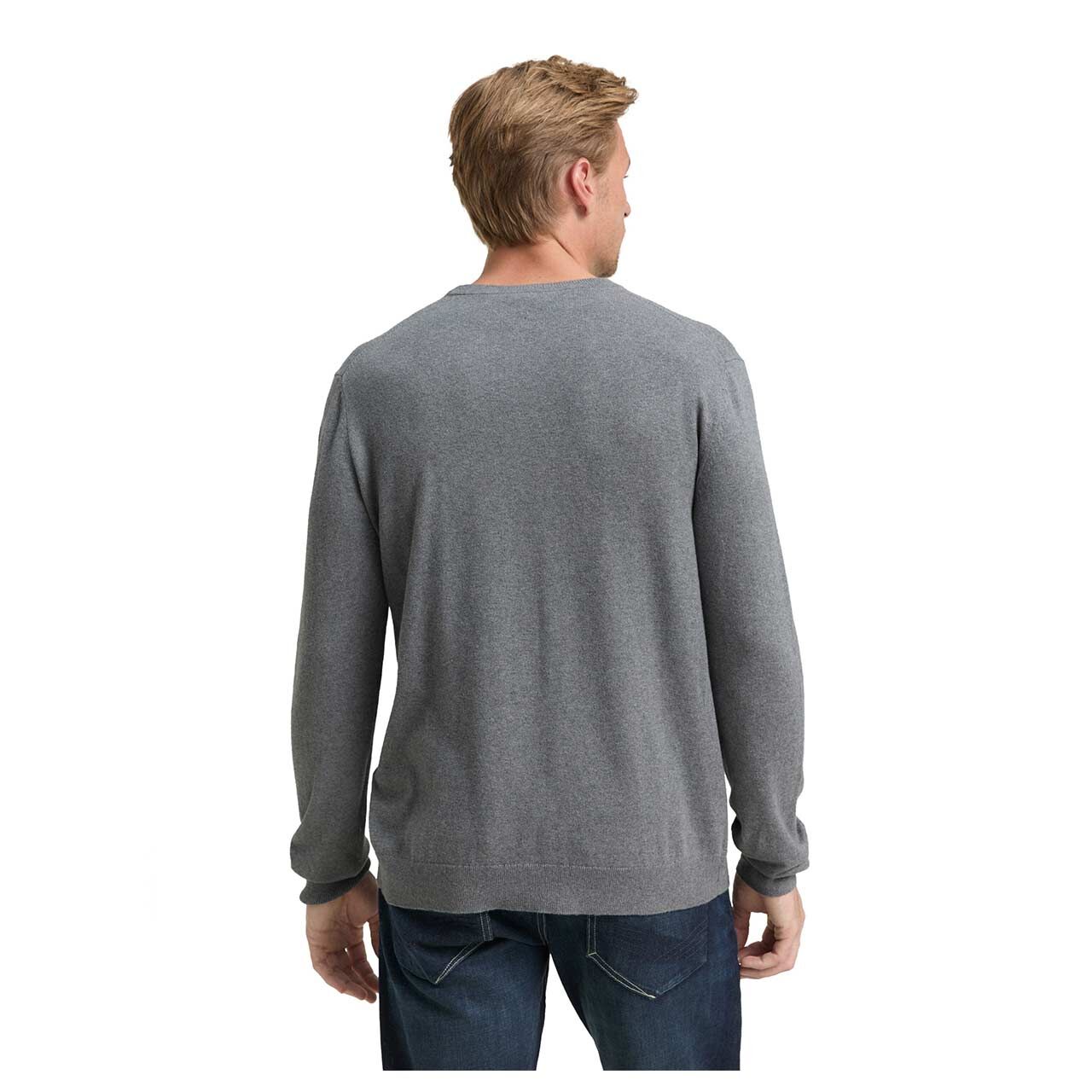 Herren Pullover Cashmere Crewneck Knit von Tom Tailor in Grau meliert, Rückansicht am Model
