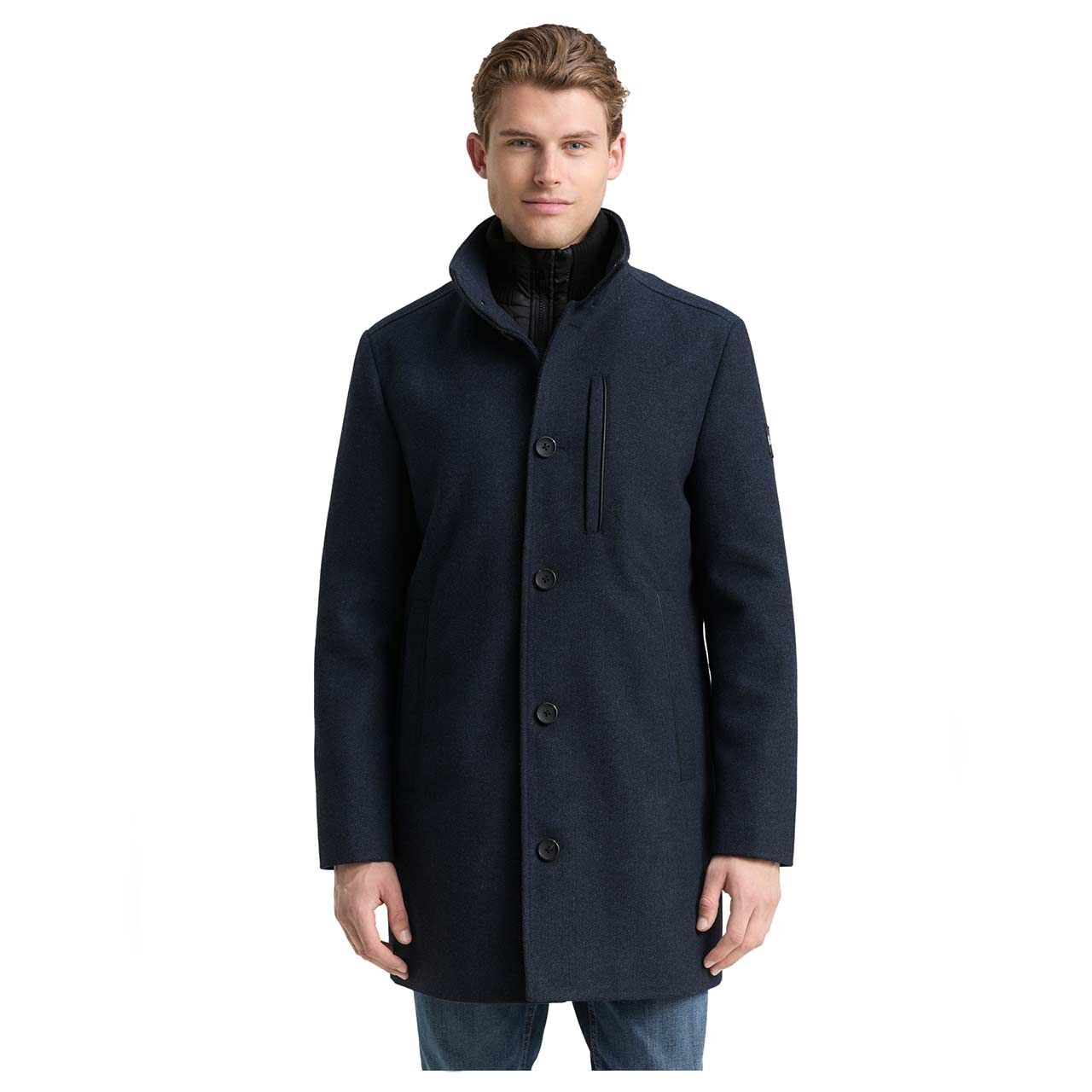 Herren Mantel Wool Coat 2 in 1 von Tom Tailor in Dunkelblau mit Print, Vorderansicht am Model