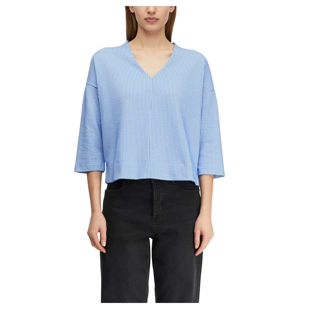 Damen 3/4 Arm Sweatshirt von Comma in Blau gestreift, Rückansicht am Model