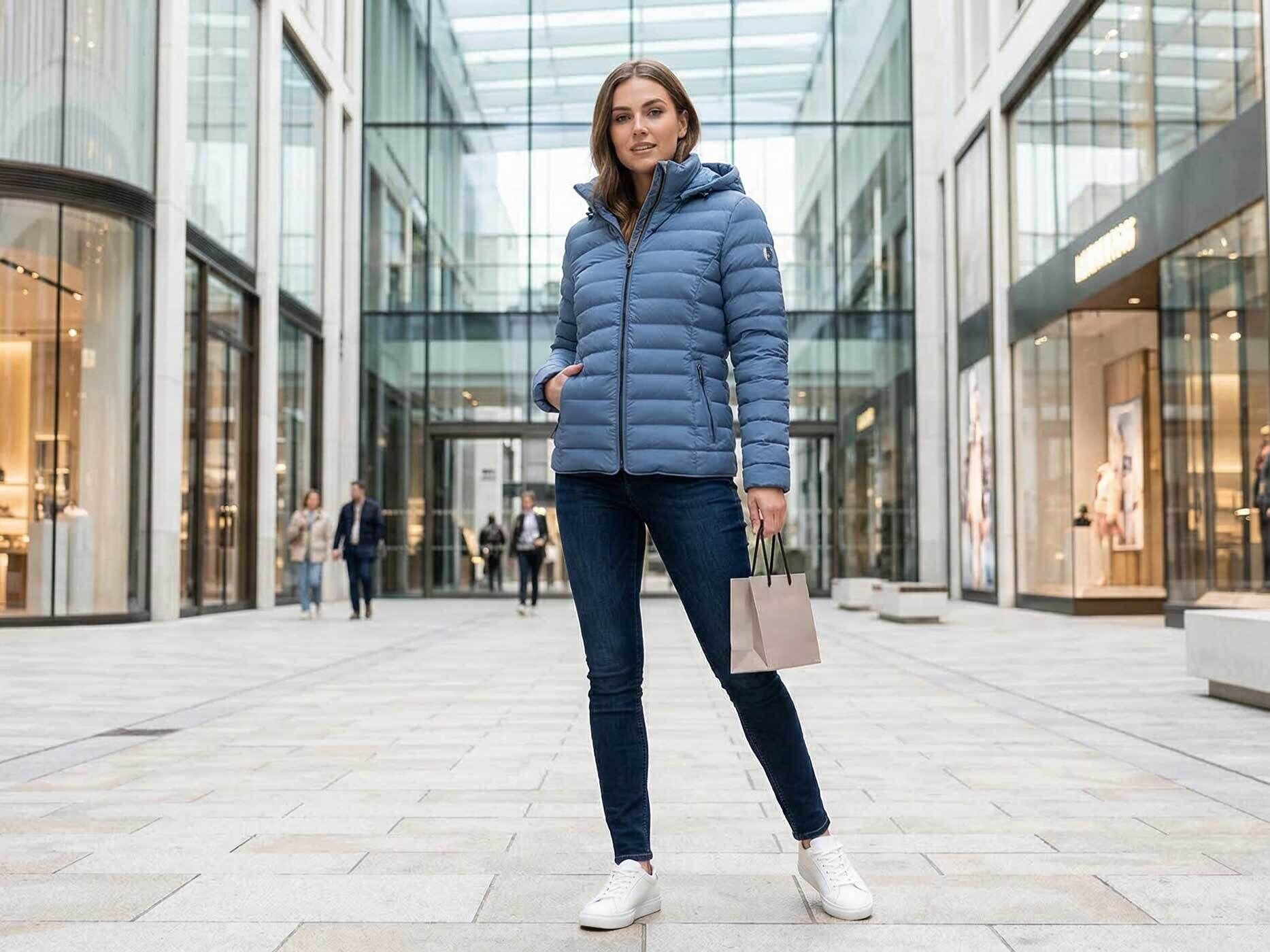 Frau trägt eine blaue Wellensteyn Italy Hood Damen Übergangsjacke in historischer Altstadt