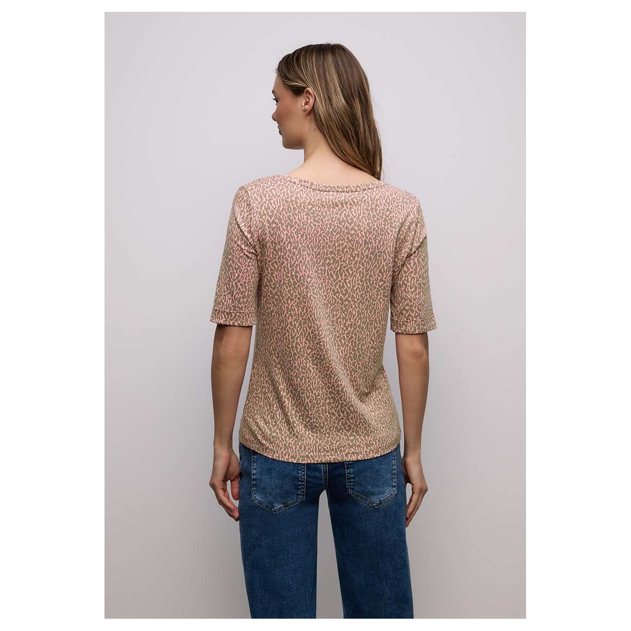 Damen T-Shirt Printed Rounded V-Neck von Street One in Orange-Rosa mit Print, Rückansicht am Model