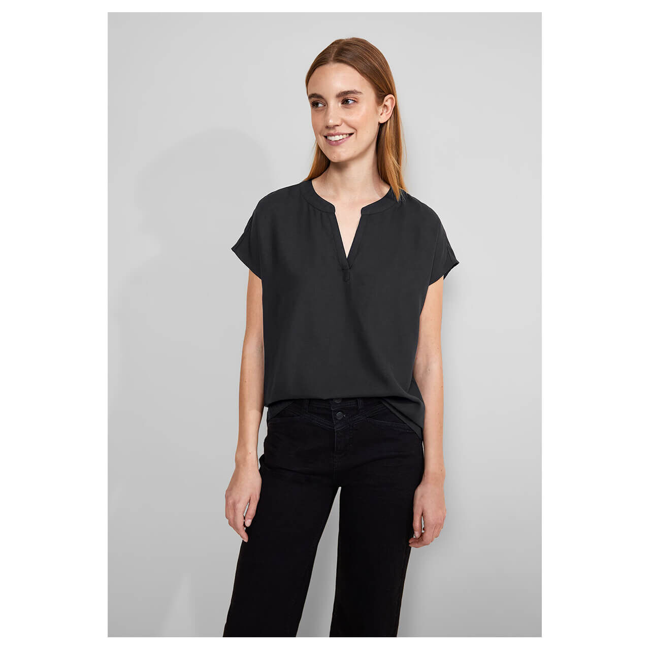 Street One Damen Kurzarm Bluse Splitneck black
