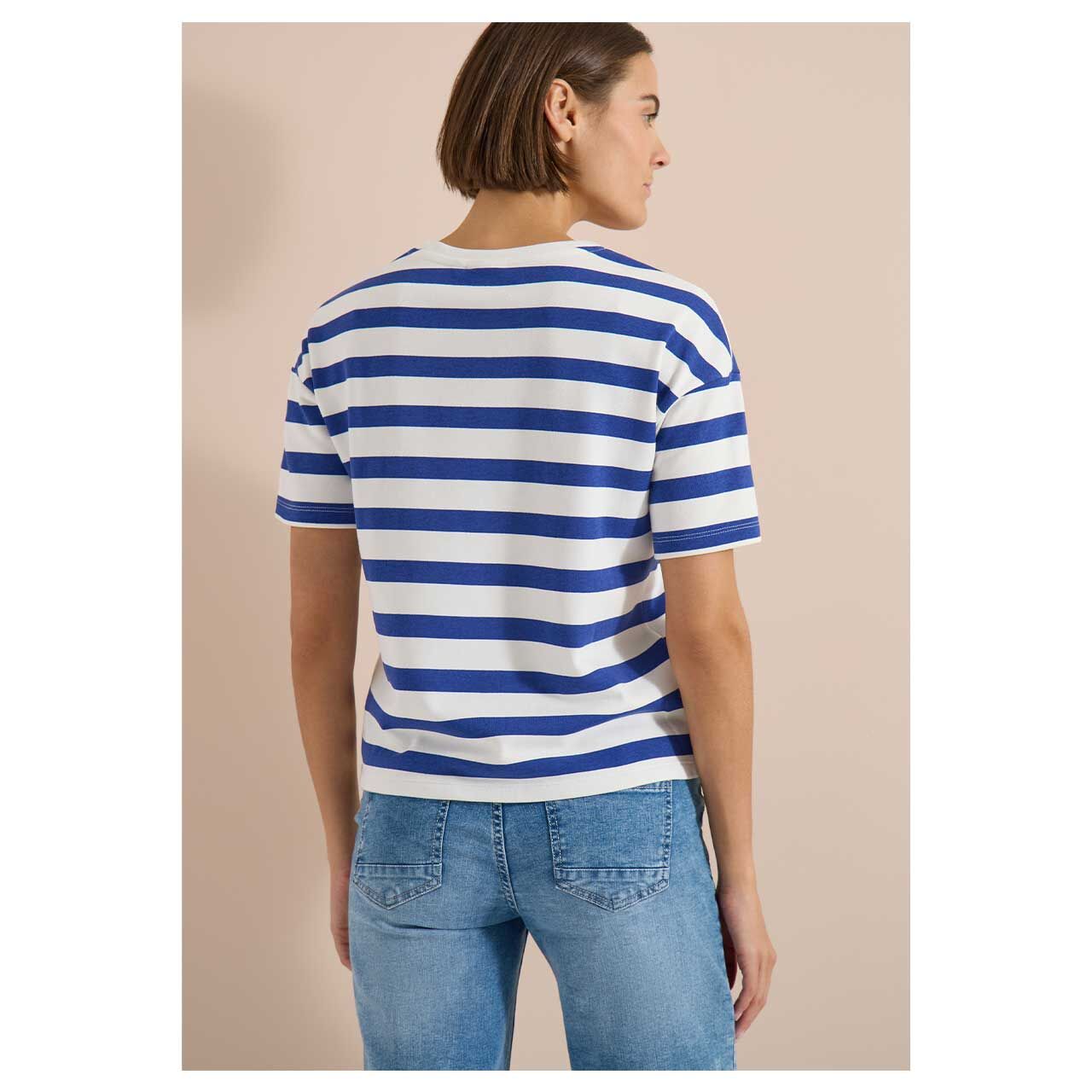 Damen T-Shirt Striped Chest Print von Cecil in Blau gestreift, Rückansicht am Model