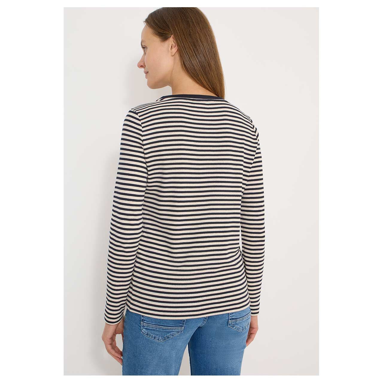Damen Langarm Shirt Basic Melange Stripe von Cecil in Dunkelblau gestreift, Rückansicht am Model