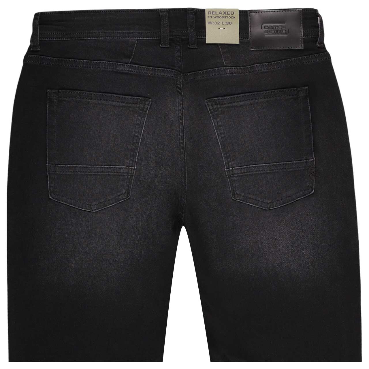 Stretch Herrenjeans Woodstock von Camel active in Dunkelgrau angewaschen, detaillierte Rückansicht