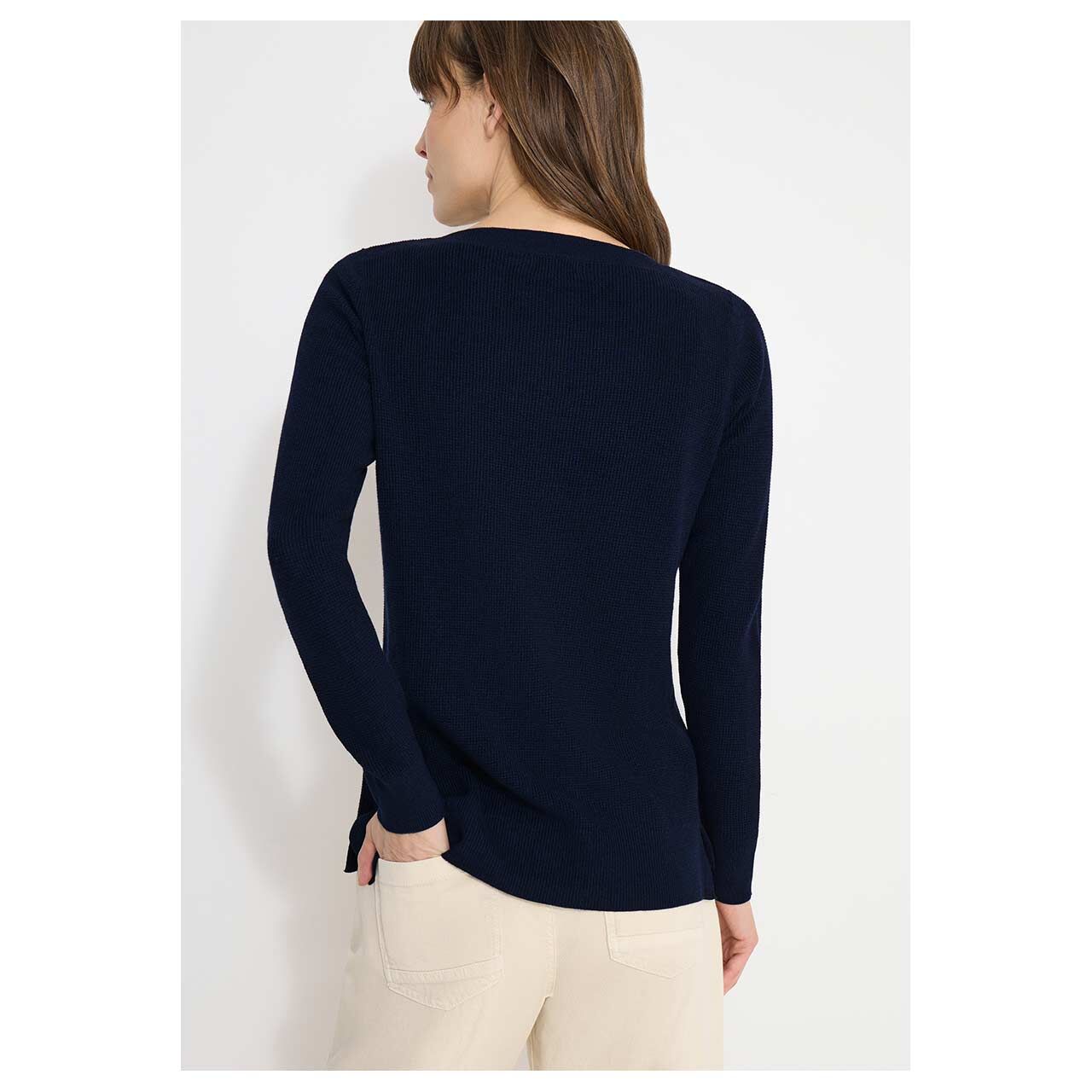 Damen Pullover Structured Boatneck in Dunkelblau meliert, Seitenansicht am Model