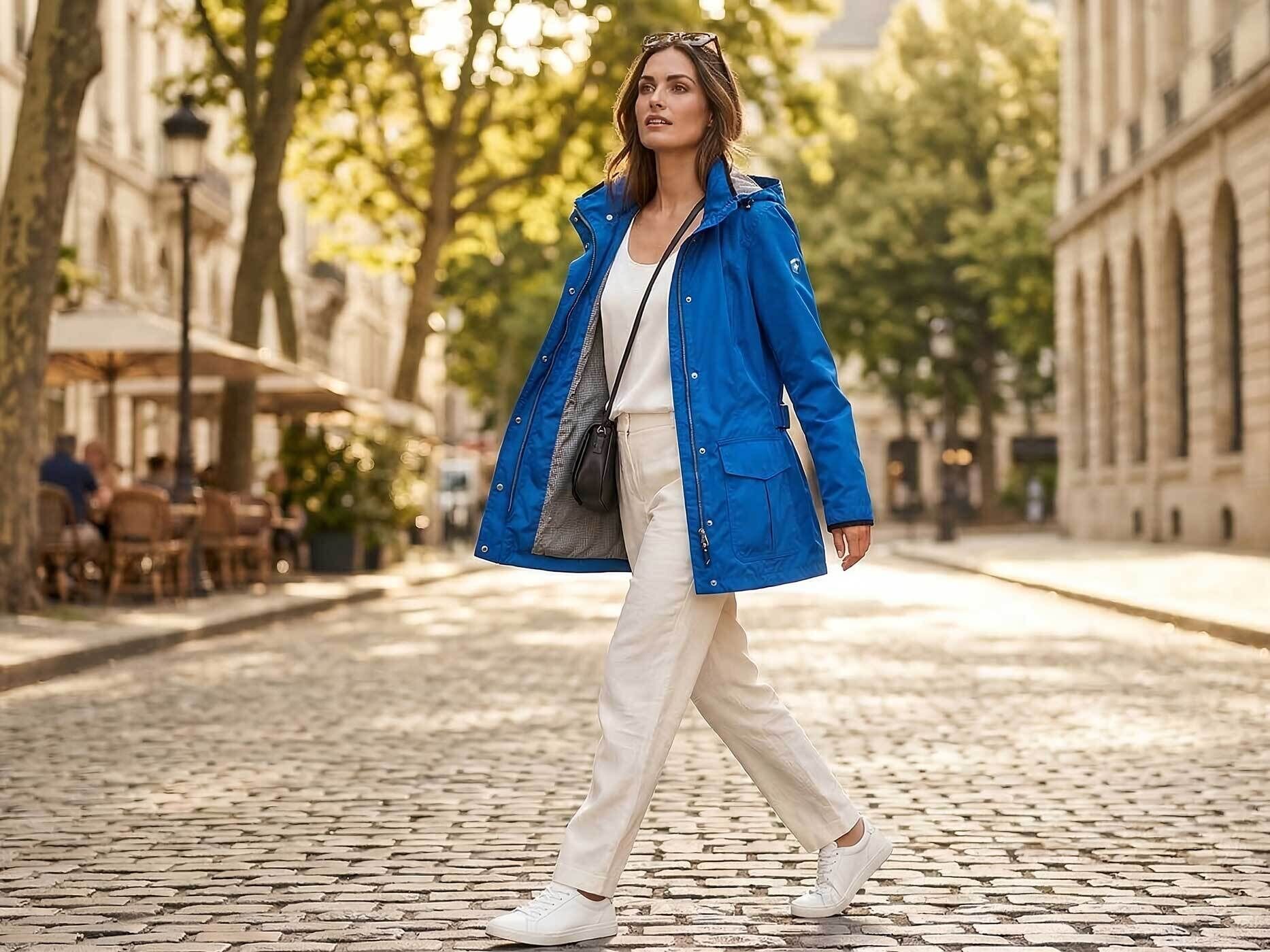 Frau tr&auml;gt eine blaue Wellensteyn Aruba Damen &Uuml;bergangsjacke in de Stadt