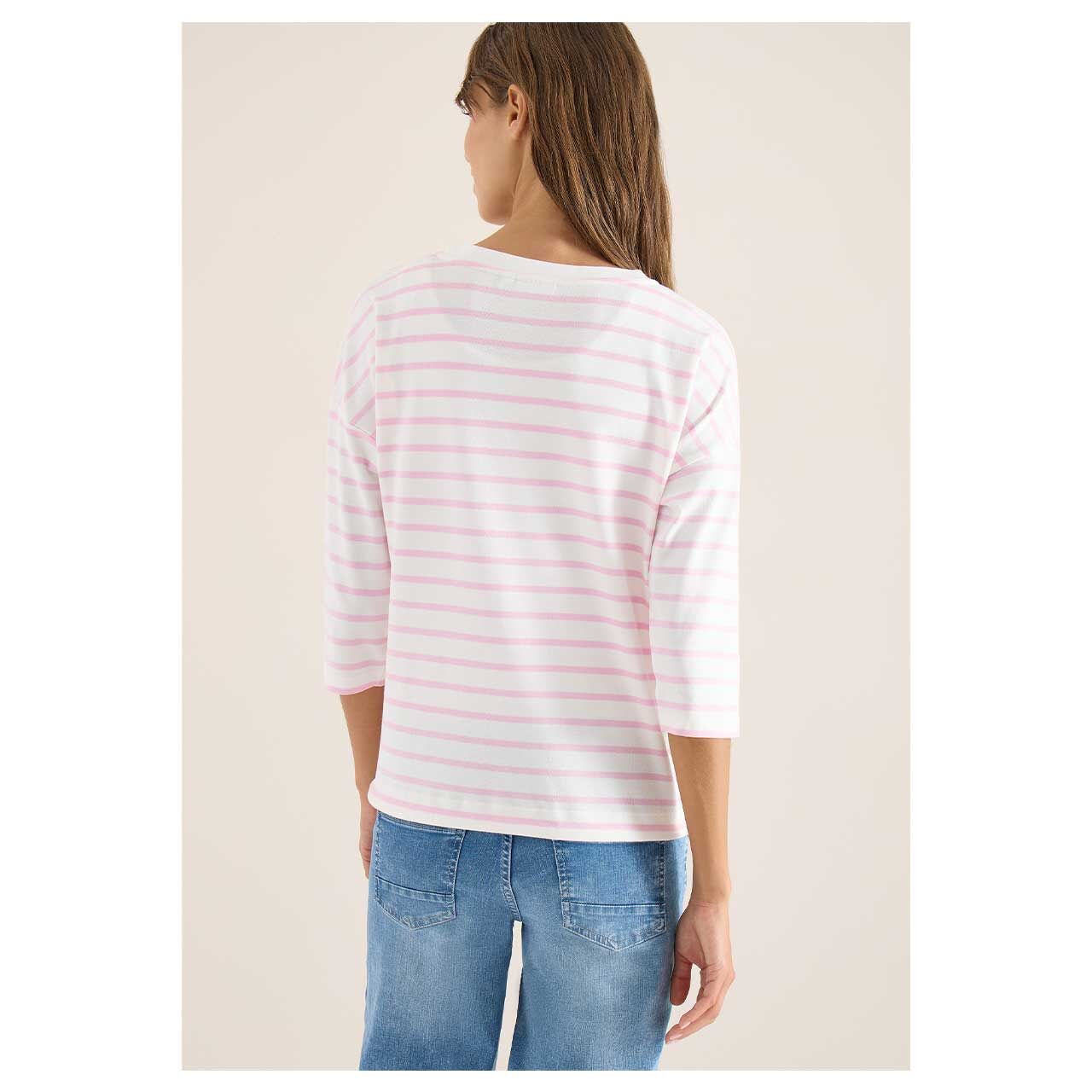 Damen 3/4 Arm Shirt Striped Fleurs von Cecil in Rosa gestreift, Rückansicht am Model