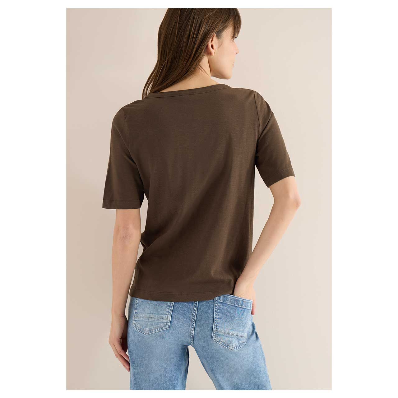 Damen T-Shirt Solid Slubyarn von Cecil in Dunkelbraun meliert, Rückansicht am Model