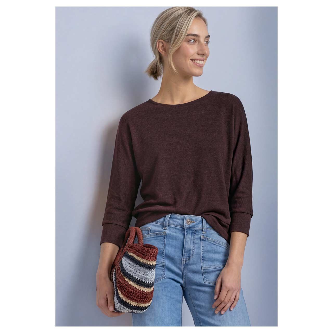 Damen 3/4 Arm Shirt Batwing von Street One in Lila meliert, Vorderansicht am Model