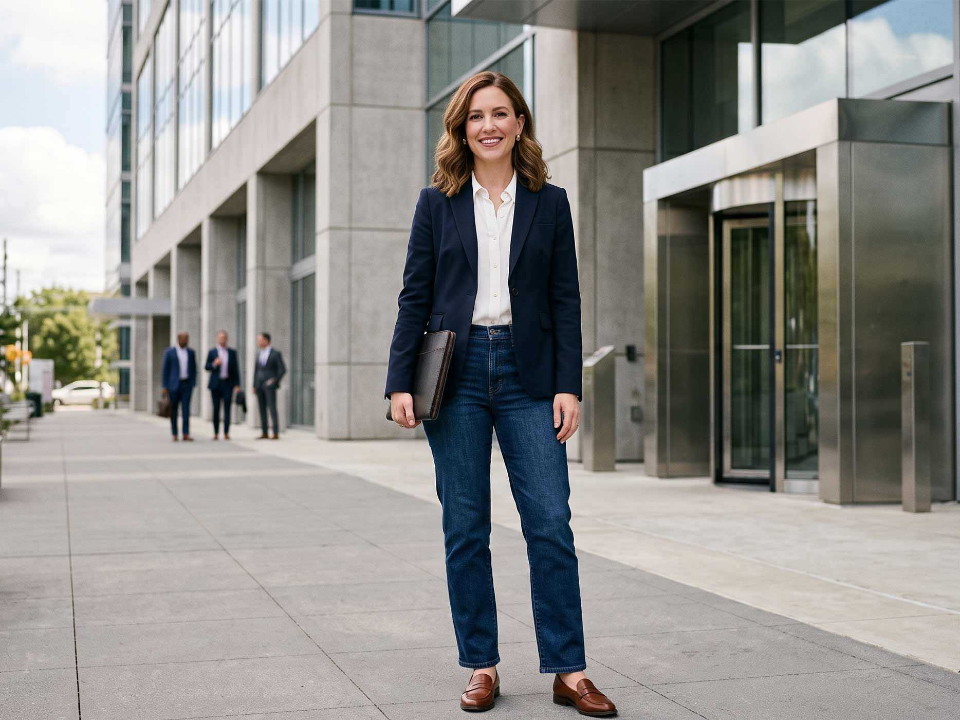 Die Frau tr&auml;gt eine dunkle Jeans zu einer wei&szlig;en Bluse, einem dunkelblauen Blazer und braunen Loafern.