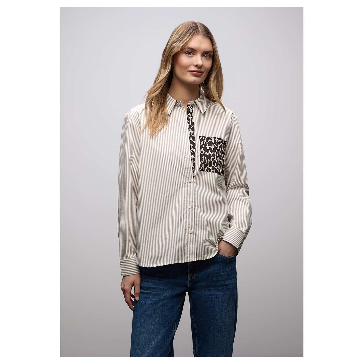Damen Langarm Bluse Striped Shirtcollar von Street One in Braun gestreift, Vorderansicht
