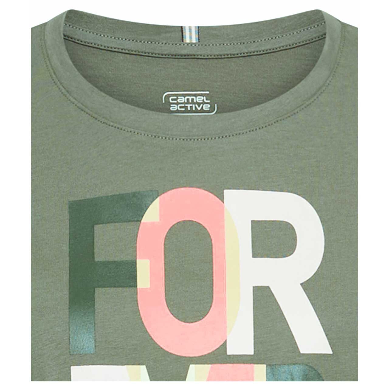 Damen T-Shirt von Camel active in Olivgrün mit Print, detaillierte Vorderansicht