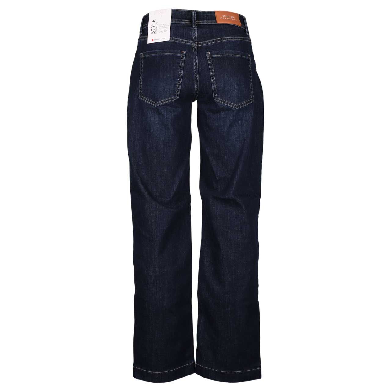 Stretch Damenjeans Straight Leg von Street One in Dunkelblau angewaschen, Rückansicht am Model