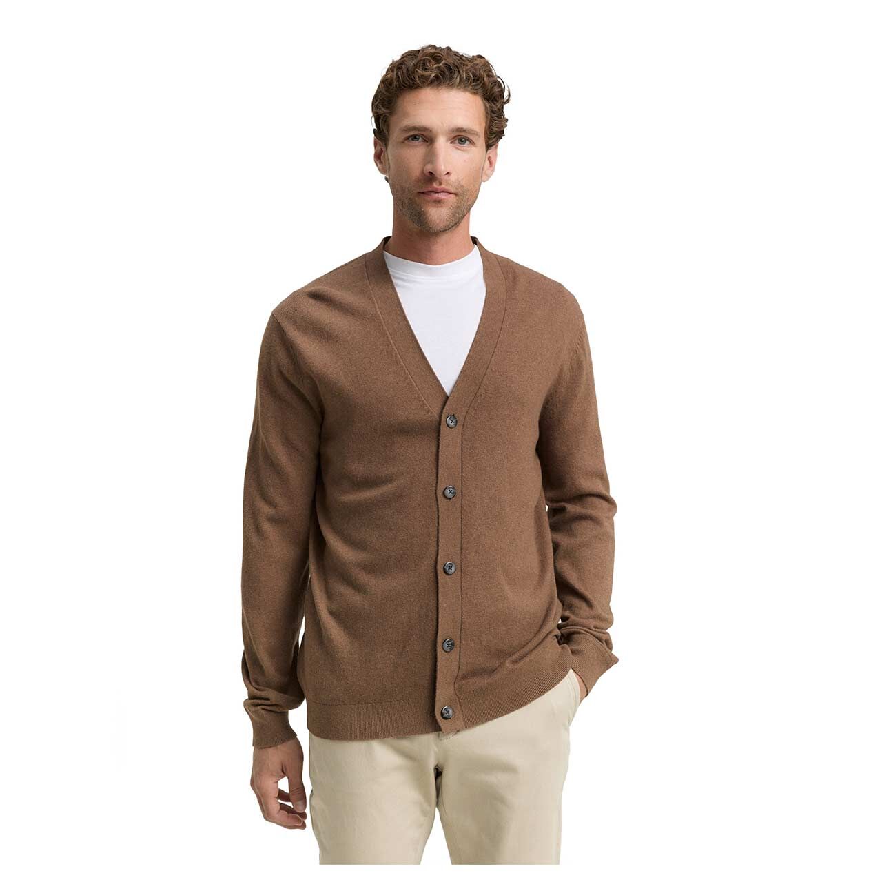 Herren Strickjacke Cashmere Cardigan von Tom Tailor in Braun meliert, Vorderansicht am Model