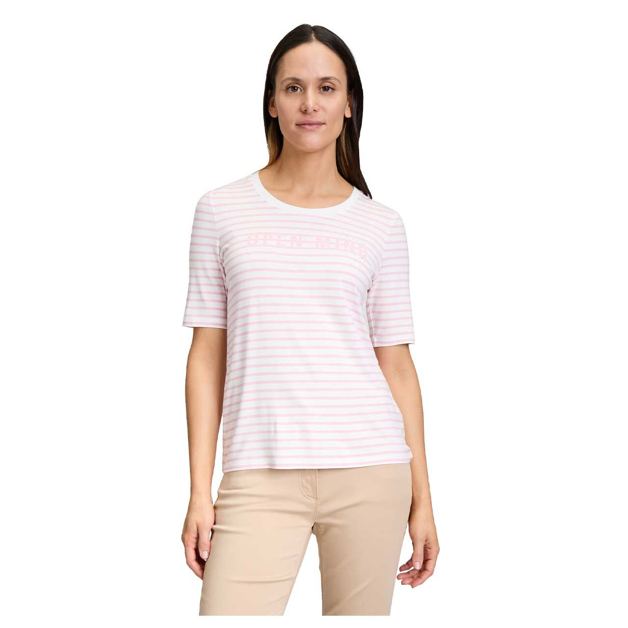 Damen T-Shirt von Betty Barclay in Rosa gestreift, Vorderansicht Oberkörper getragen