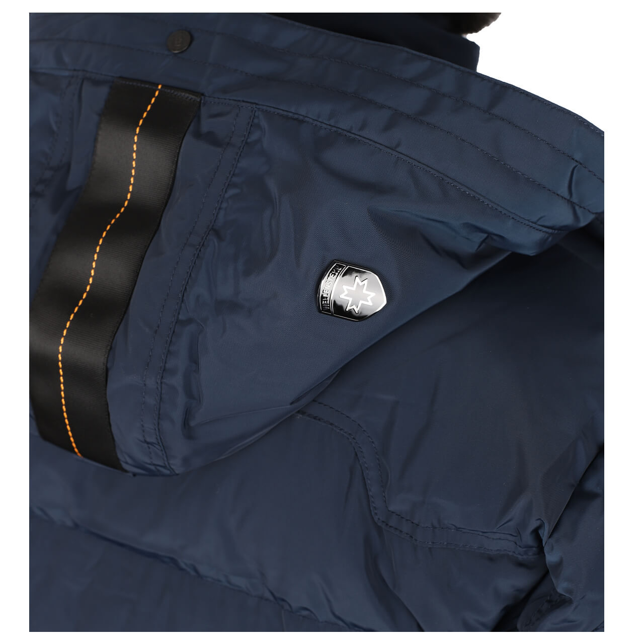 Herren Jacke Starstream von Wellensteyn in Dunkelblau, Detailansicht von der Kapuze mit Logo