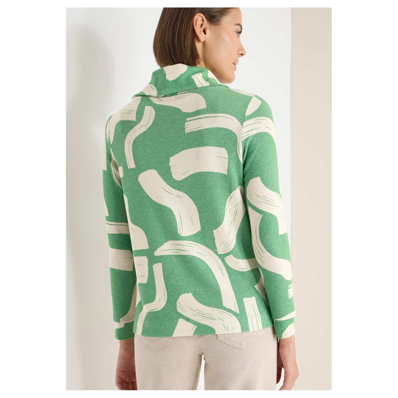Damen Pullover Cozy Big Collar von Cecil in Hellgrün mit Print, Rückansicht am Model