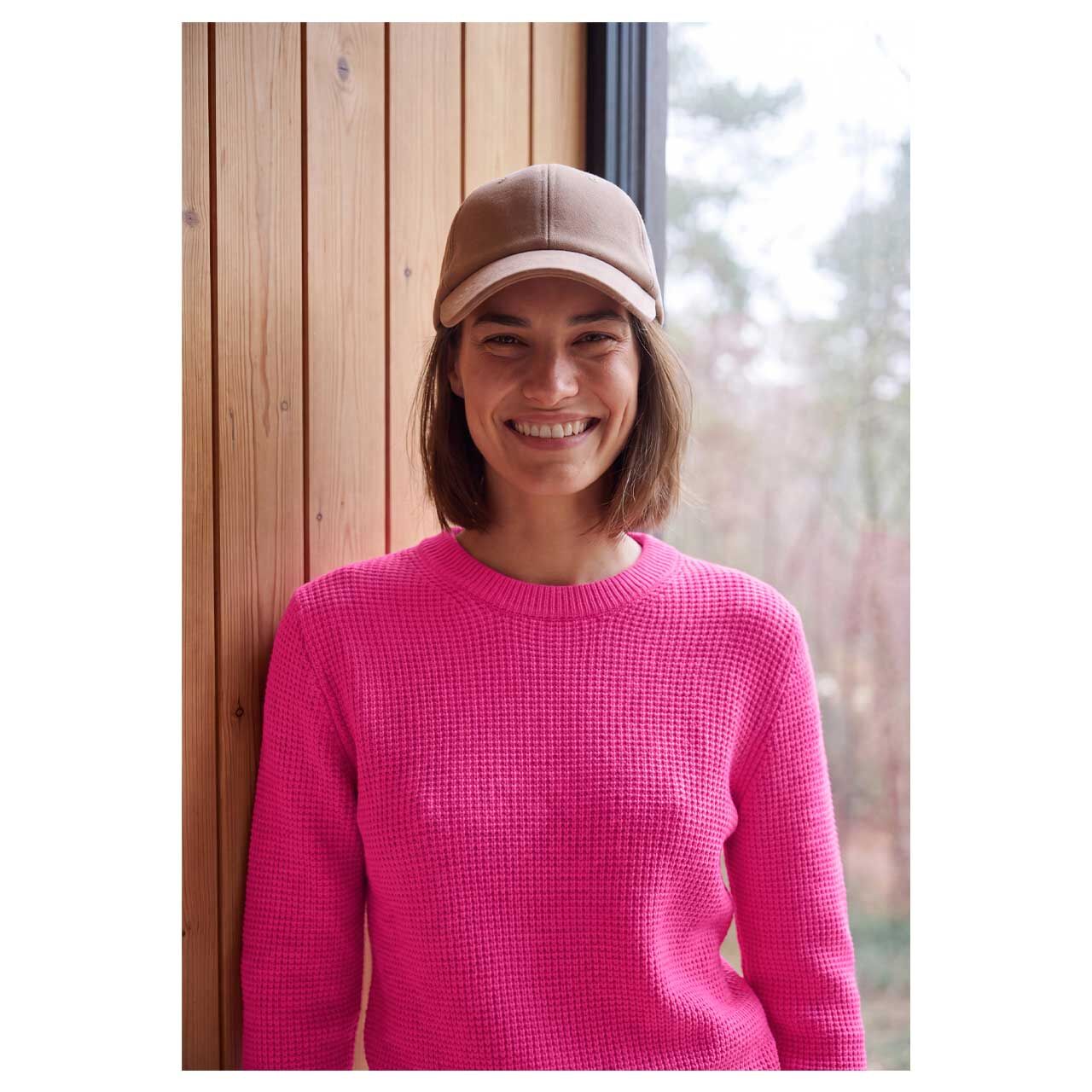 Damen Pullover Structured Cosy Sweater von Cecil in Pink meliert, detaillierte Vorderansicht am Model