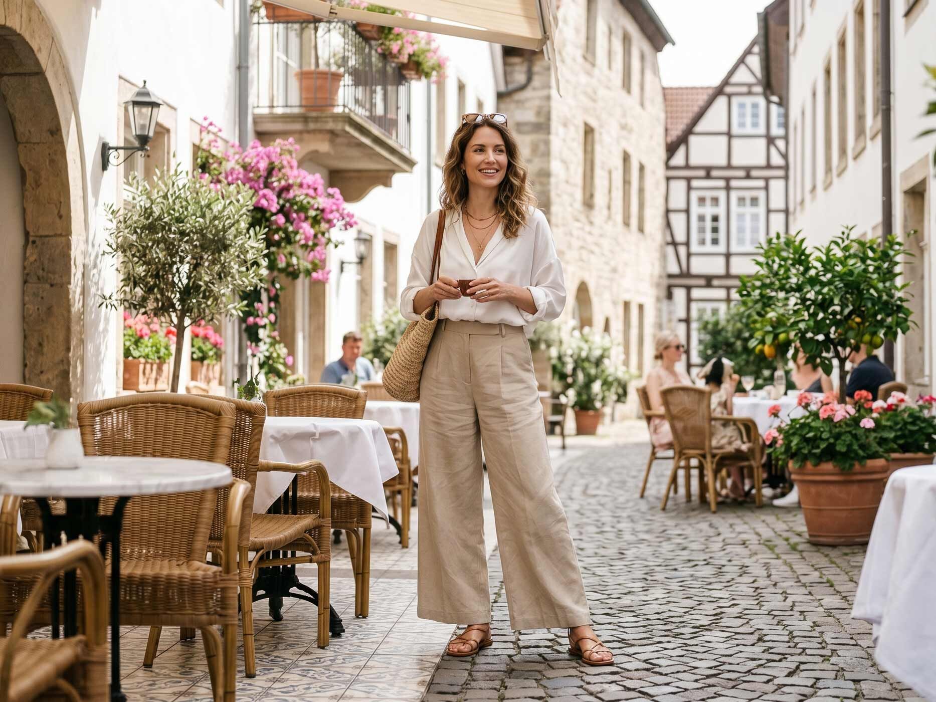 Eine Frau trägt eine weit geschnittene beige Leinenhose mit einer luftigen weißen Bluse und flachen Sandalen. Das Outfit verbindet die lockere Passform der Leinenhose mit einer femininen und gepflegten Ausstrahlung.