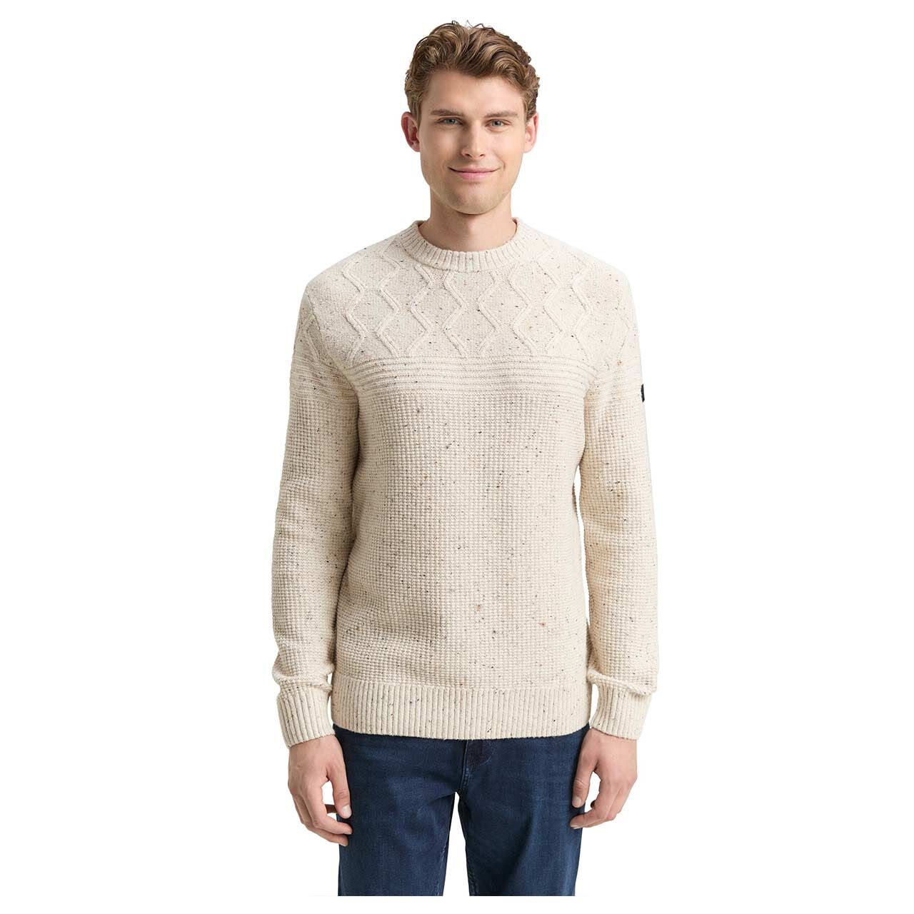 Herren Pullover Cable Knit von Tom Tailor in Cremeweiß meliert, Vorderansicht am Model