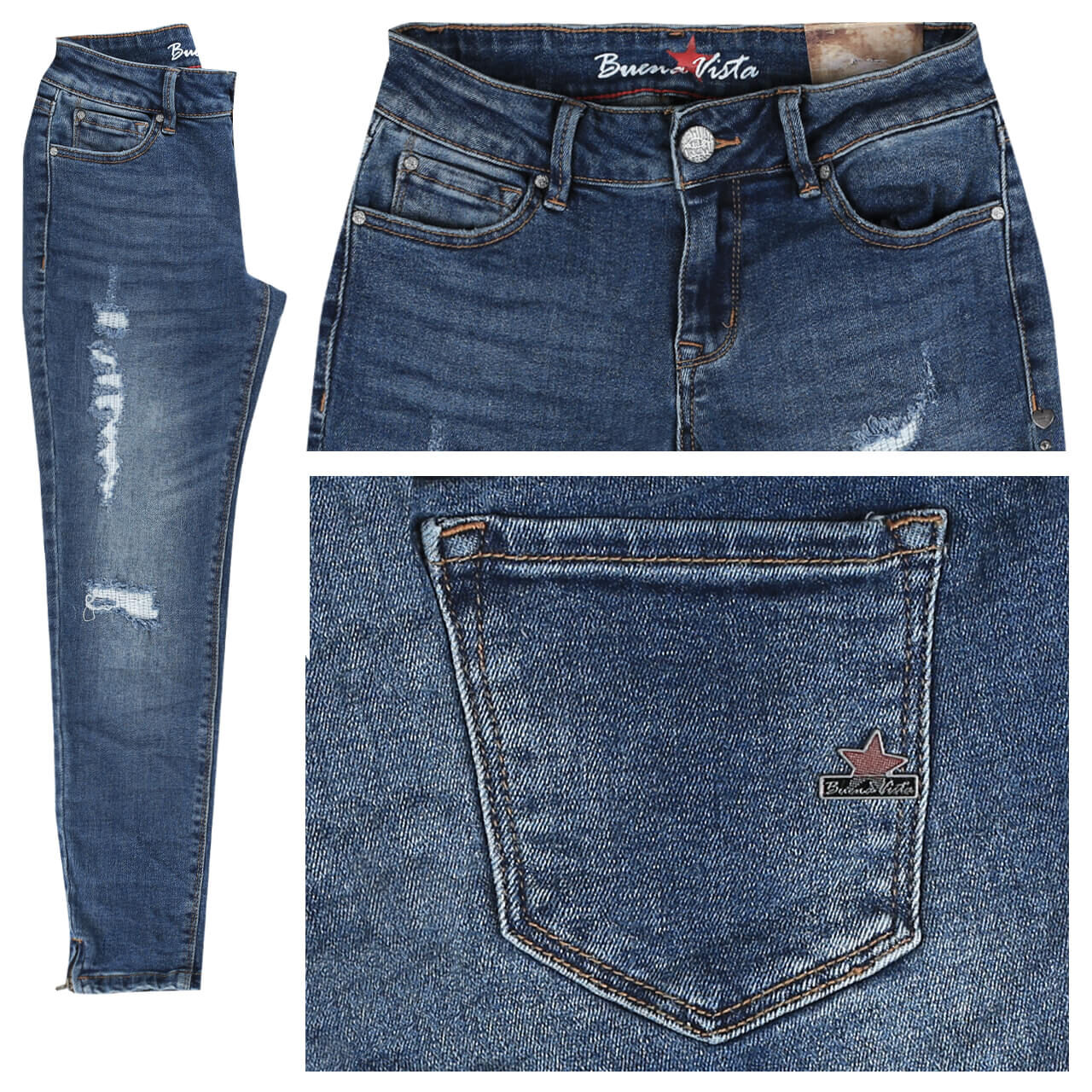 Buena Vista Jeans Italy V 7/8 Stretch Denim für Damen in Blau verwaschen mit Destroyed-Effekten, FarbNr.: 4583