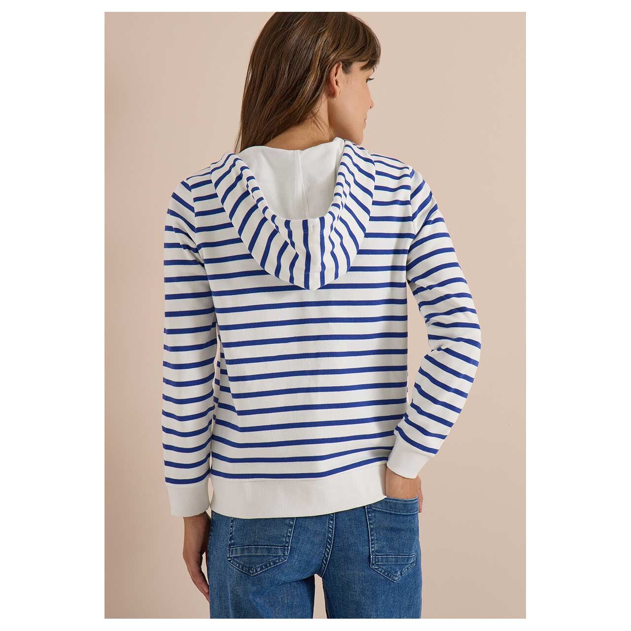 Damen Hoodie Shirtjacke Striped von Cecil in Blau gestreift, Rückansicht am Model