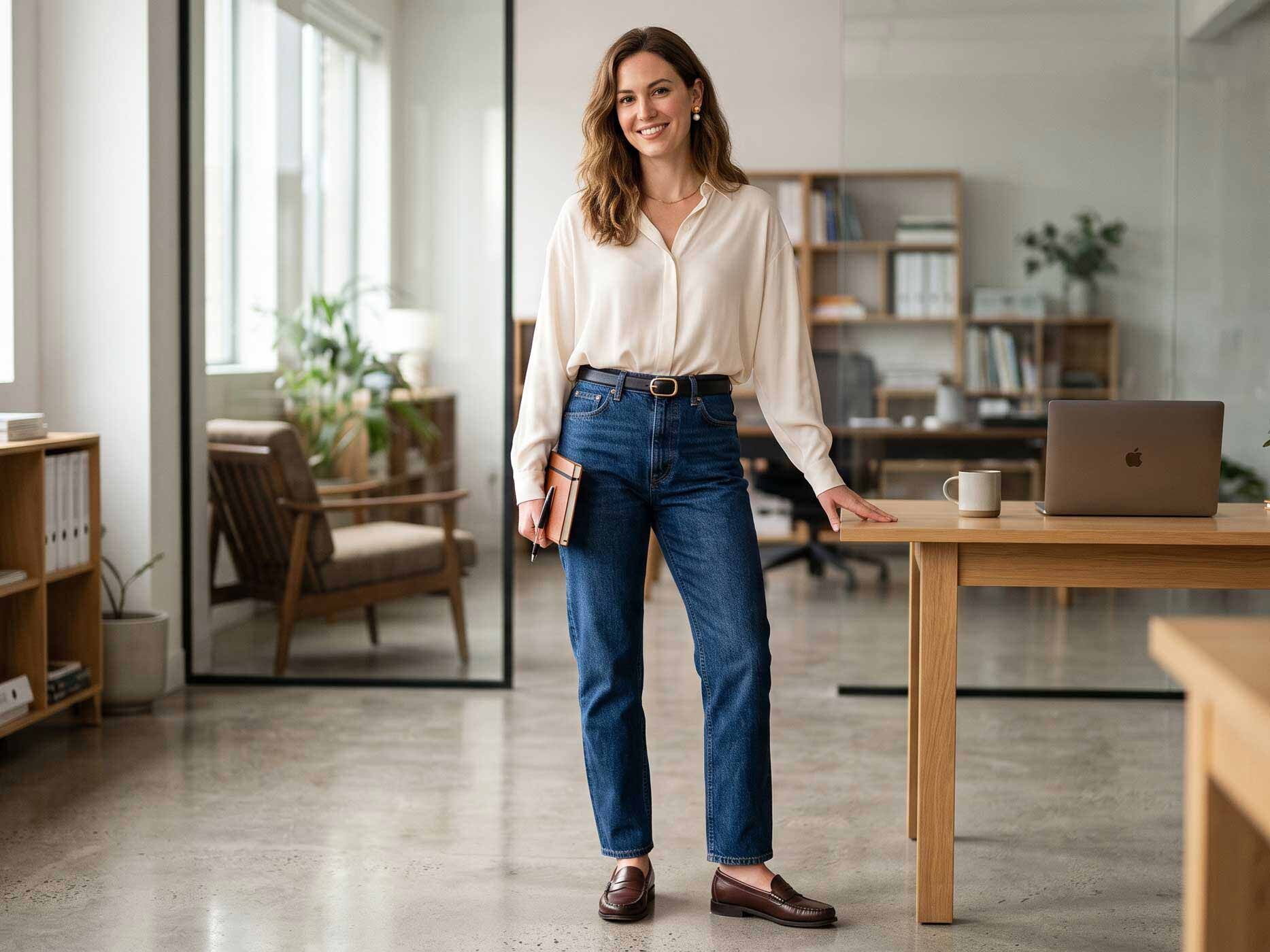 Eine Frau trägt im Büro eine dunkelblaue High Waist Jeans mit schwarzem Gürtel, cremefarbener Bluse und braunen Loafern.