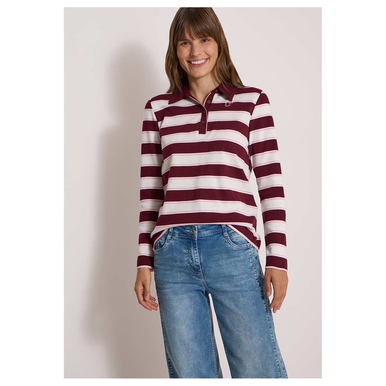 Damen Langarm Poloshirt Striped von Cecil in Weinrot gestreift, detaillierte Vorderansicht am Model