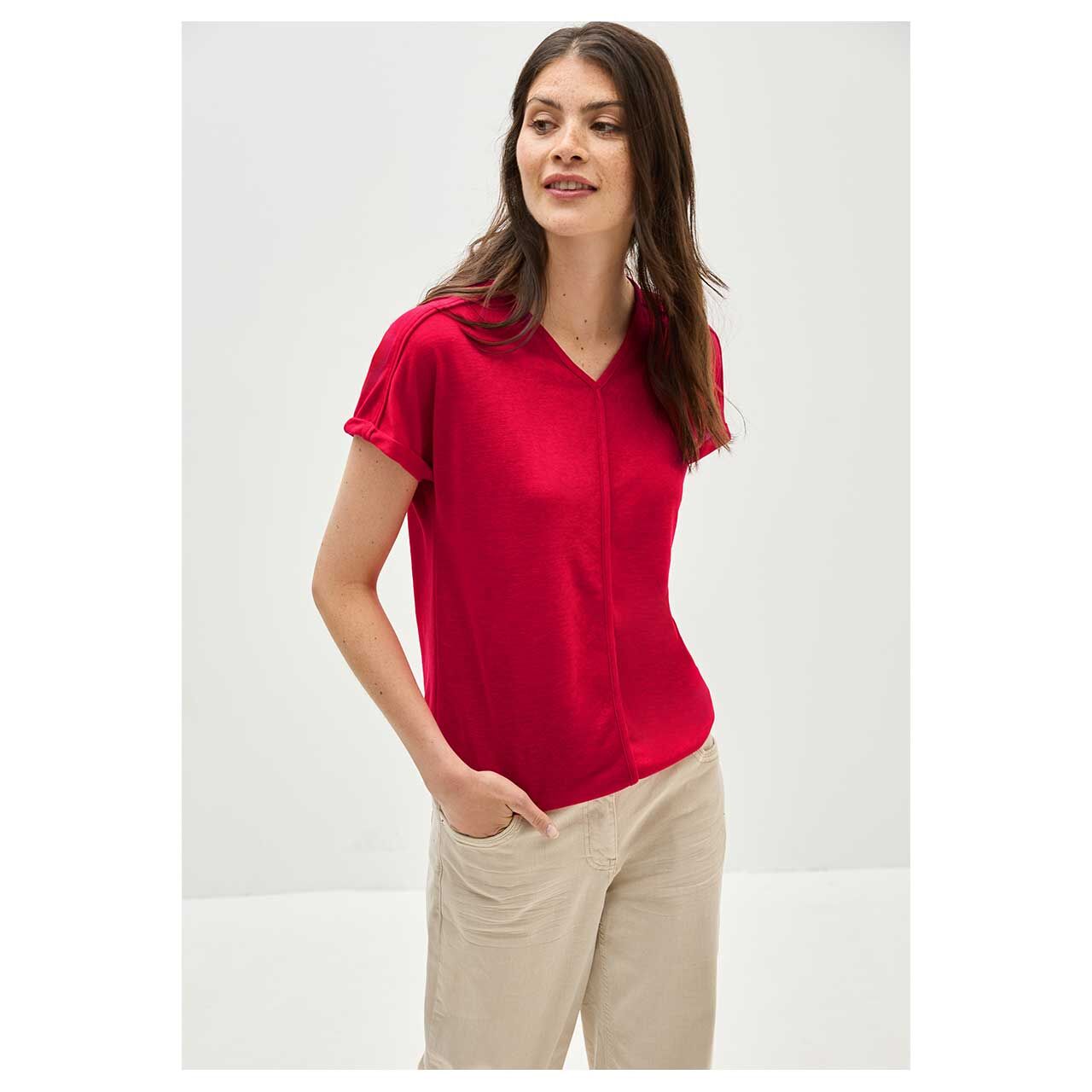 Damen T-Shirt Solid von Cecil in Rot, Nahansicht am Modell