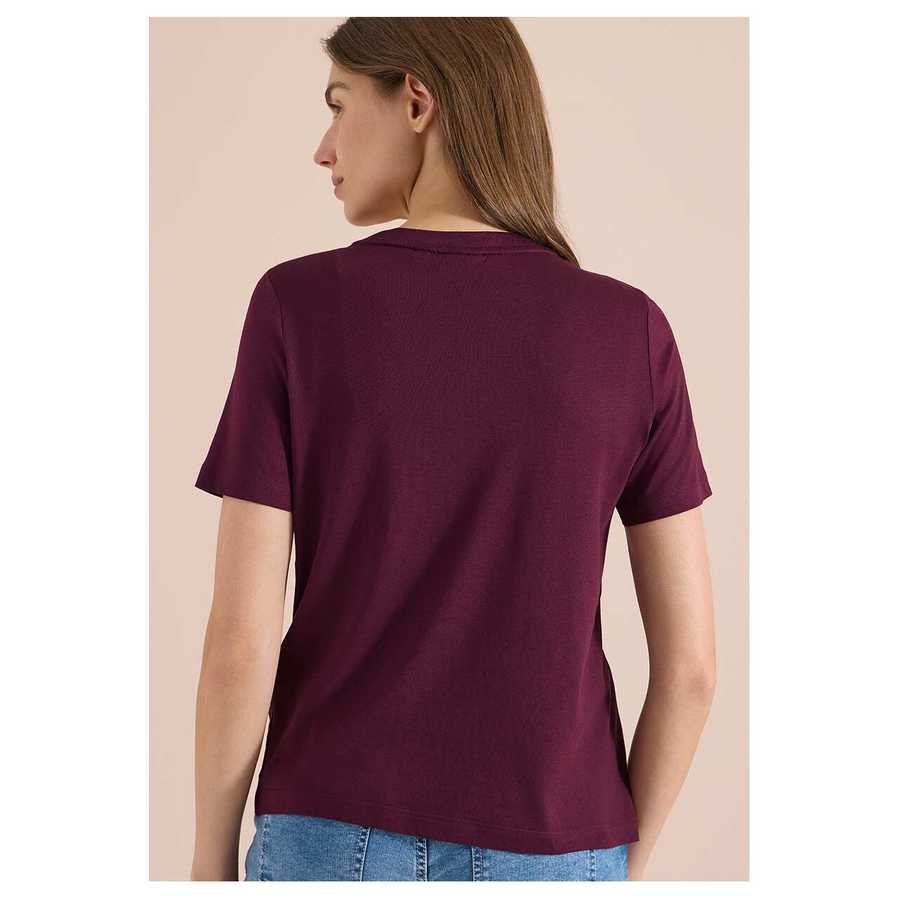 Damen T-Shirt Leaves Print von Cecil in Weinrot mit Print, Rückansicht am Model