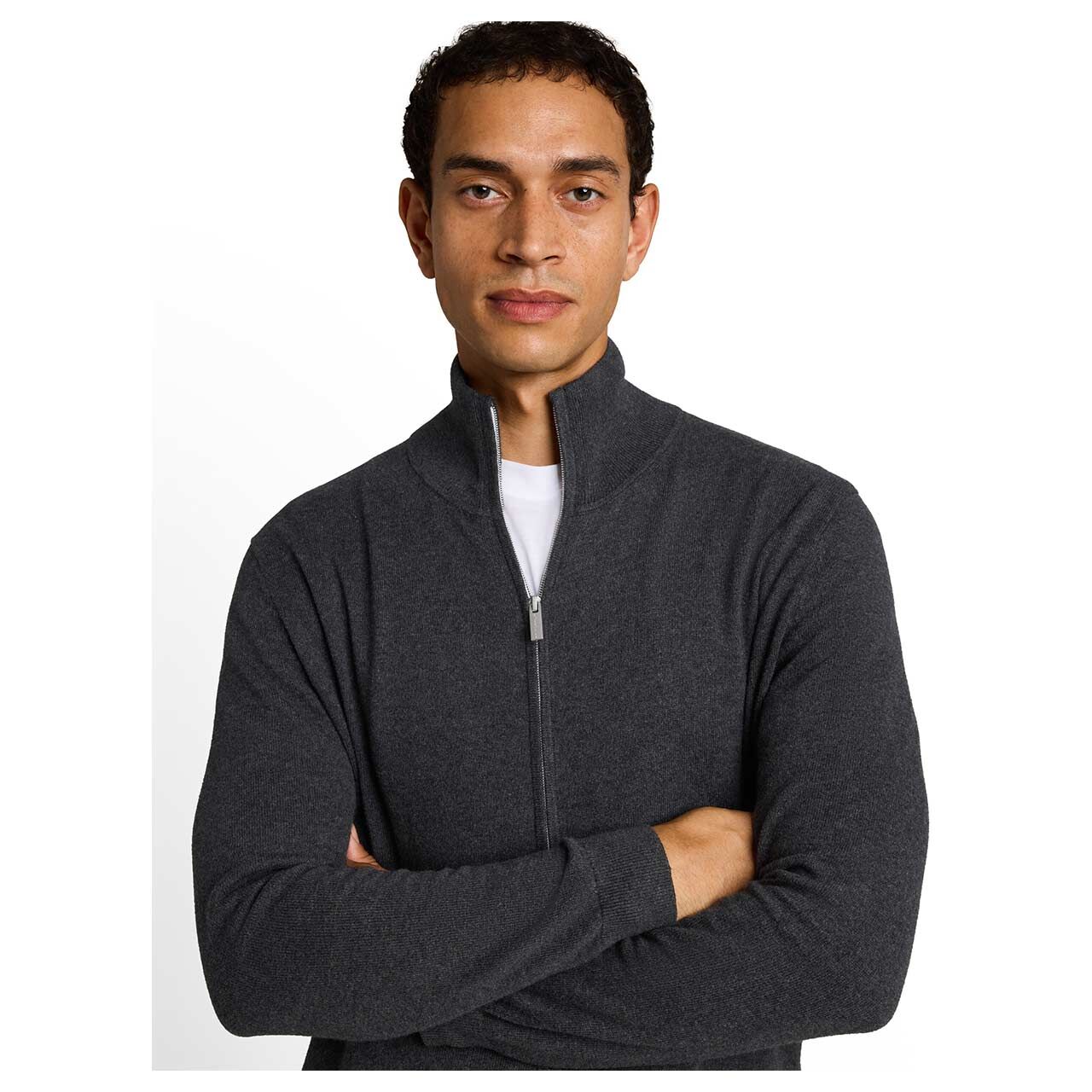 Herren Strickjacke Cashmere Zip Jacket von Tom Tailor in Dunkelgrau meliert, Detailansicht am Model