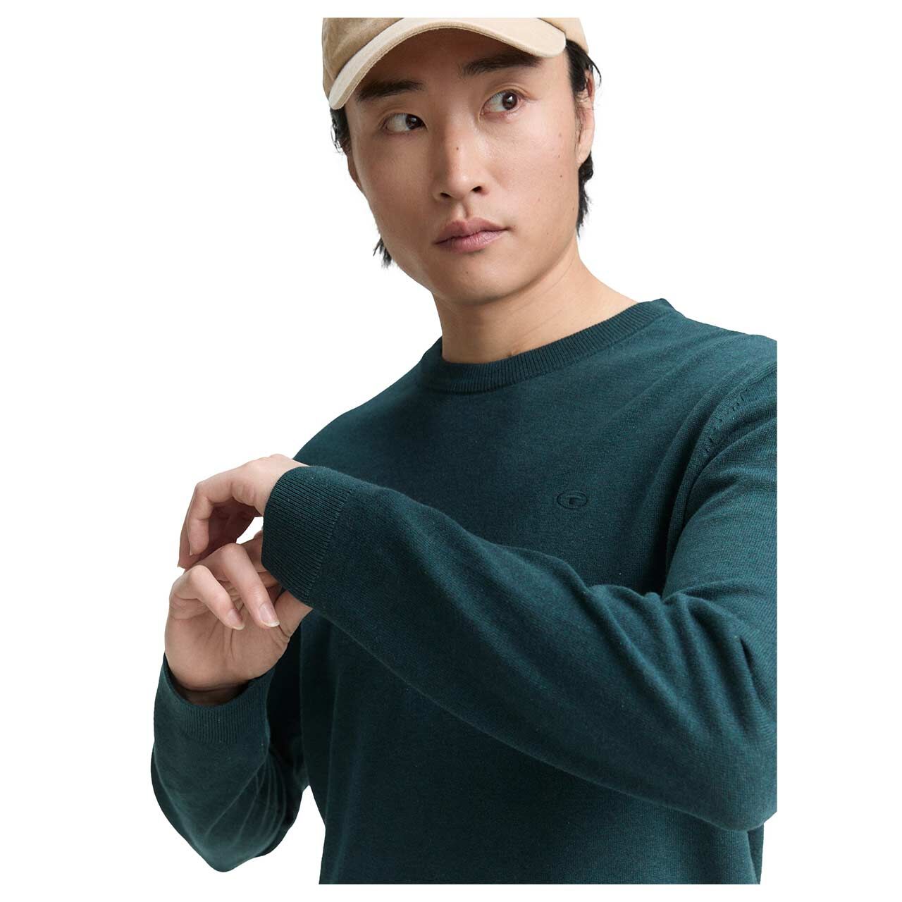 Herren Pullover Basic Crewneck Knit von Tom Tailor in Dunkelgrün meliert, Detailansicht vorne am Model