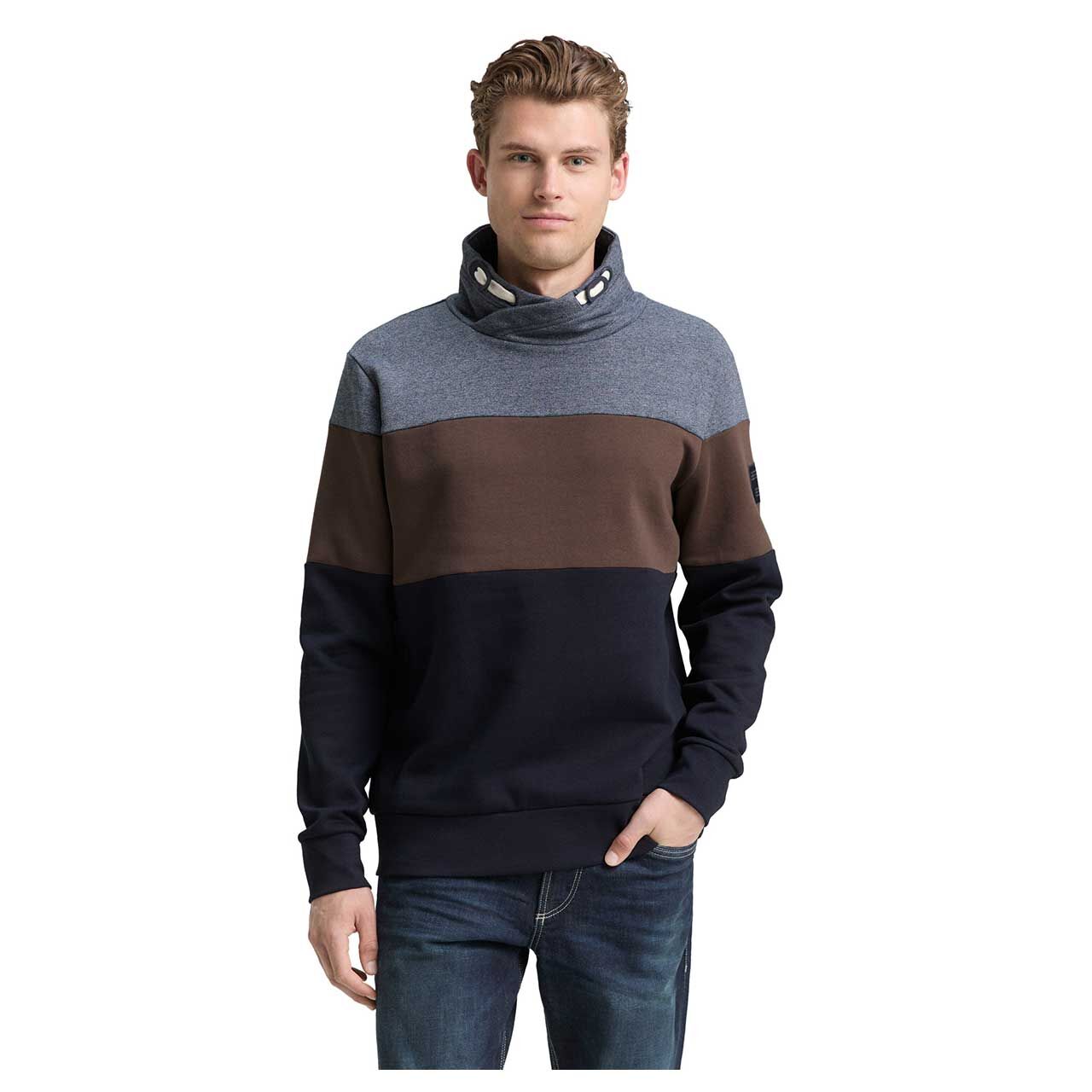 Herren Sweatshirt Cutline Snood von Tom Tailor in Dunkelblau gestreift, Vorderansicht am Model