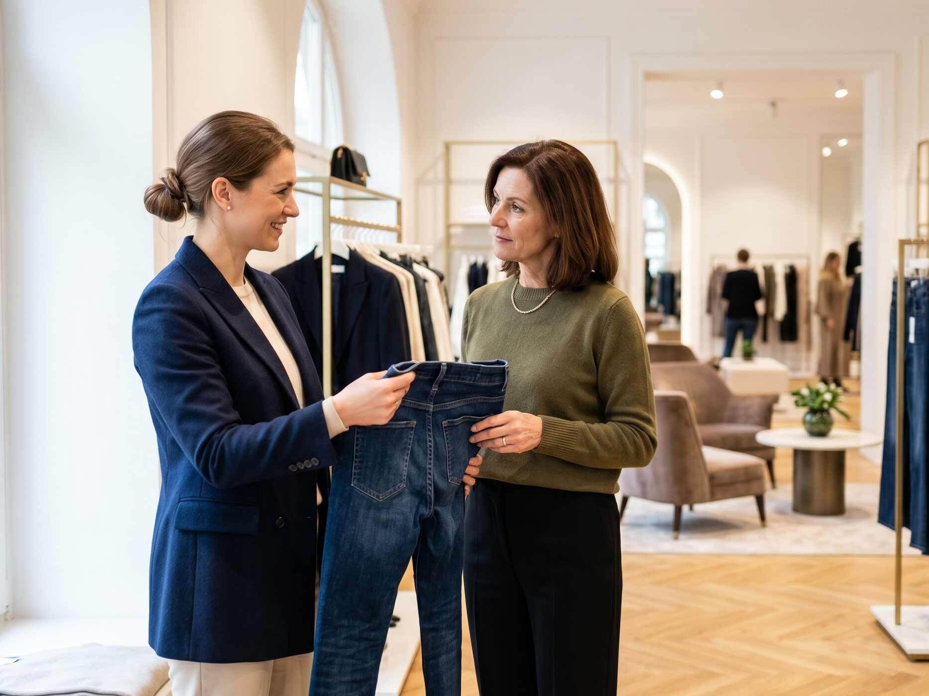 Zwei Frauen stehen in einem Laden und scheuen sich eine Jeans an.