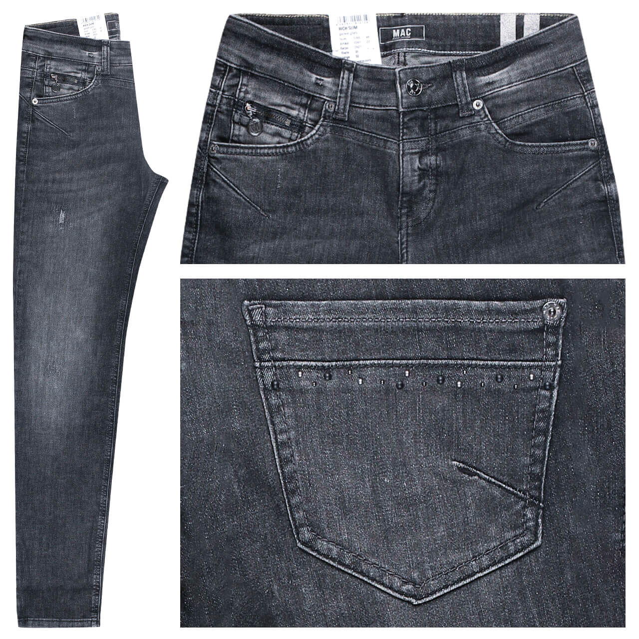 MAC Jeans Rich Slim für Damen in Dunkelgrau angewaschen mit Nieten und Destroyed-Effekten, FarbNr.: D921