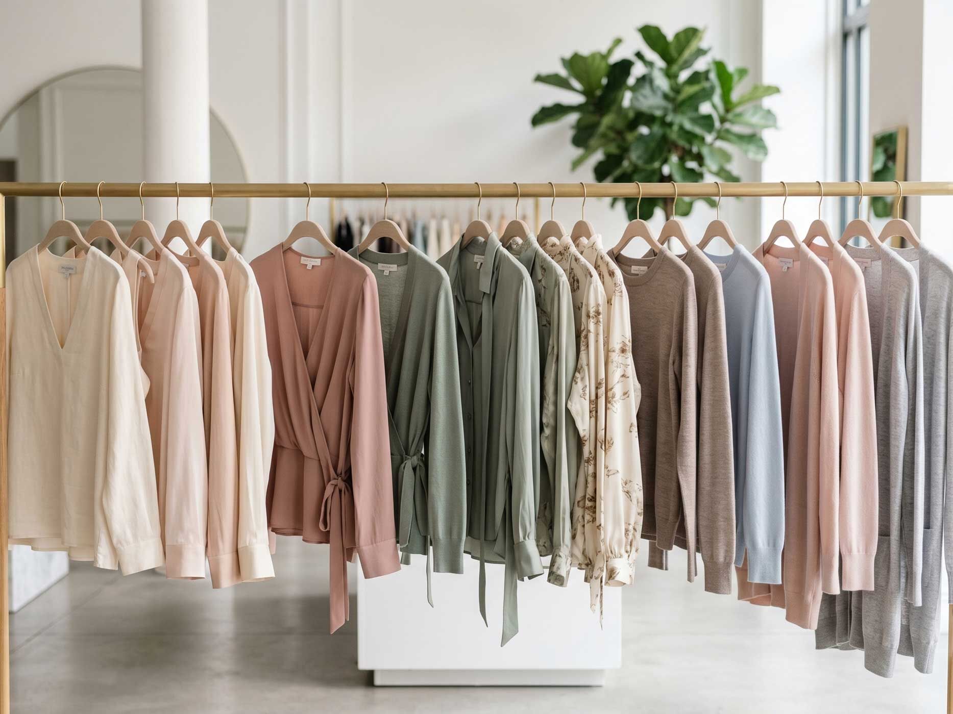 Verschiedene Damenoberteile wie Blusen, Wickelblusen, Longblusen und feine Strickpullover hängen auf einer Kleiderstange.